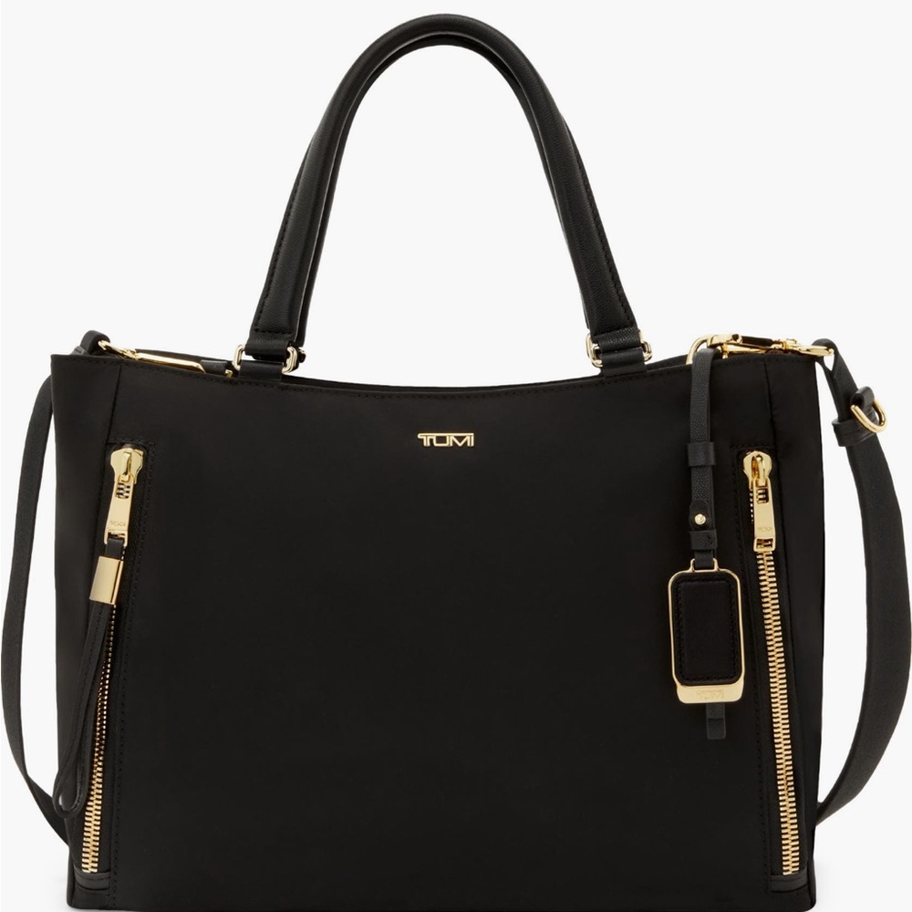 New Tumi Valetta 15"W×10 1/2"Hx4" Satchel Gold Hardware and Detachable Strap
